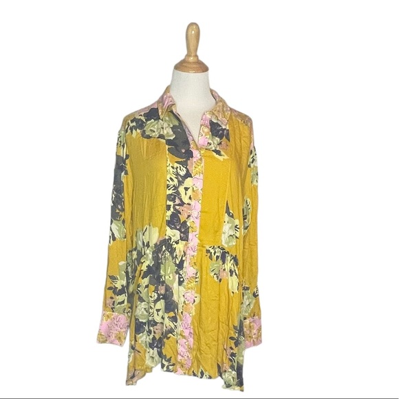 NWOT Free People Yellow Floral Brunch A ButtonUp Mini Dress/Blouse S - Picture 2 of 16